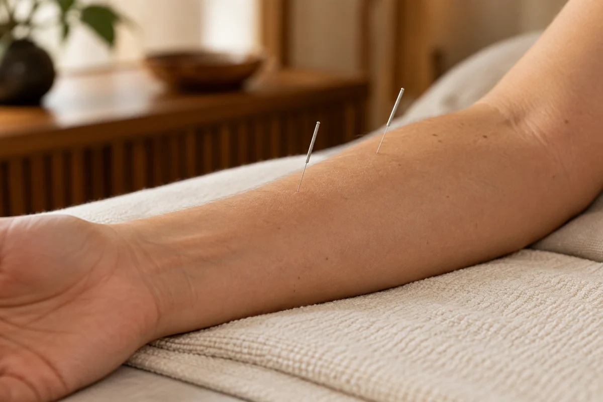 Illustrative acupuncture scene with fine needles on a forearm