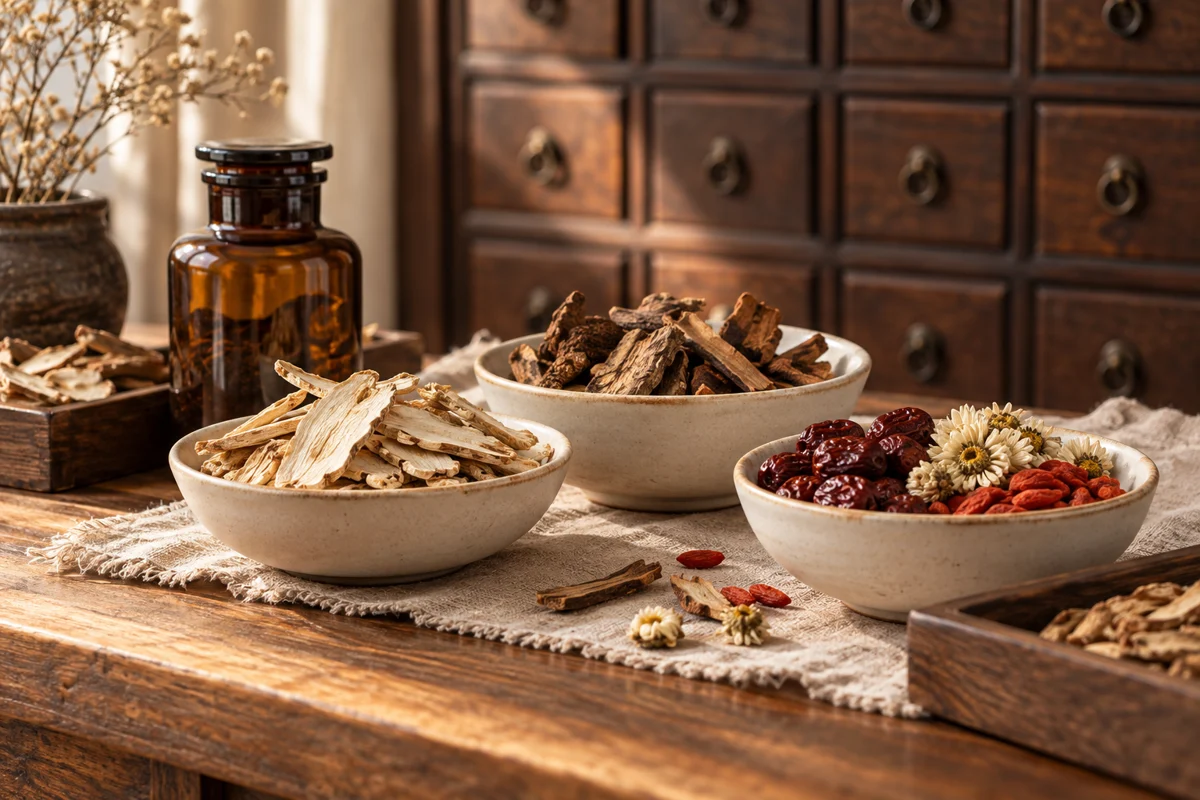 Illustrative herbal apothecary with dried roots and ceramic bowls